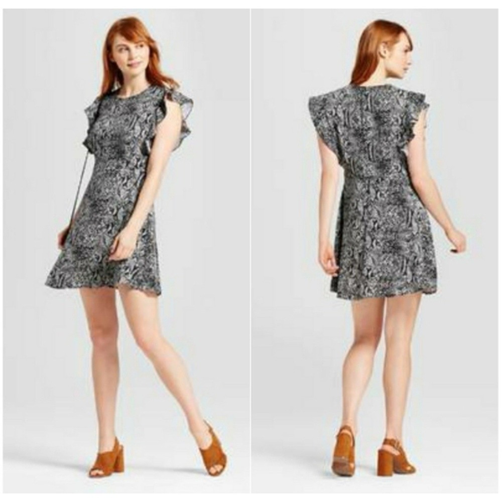 Who What Wear Snake Print Dress Women Size M Ruffle Flutter Sleeve Sheath Mini